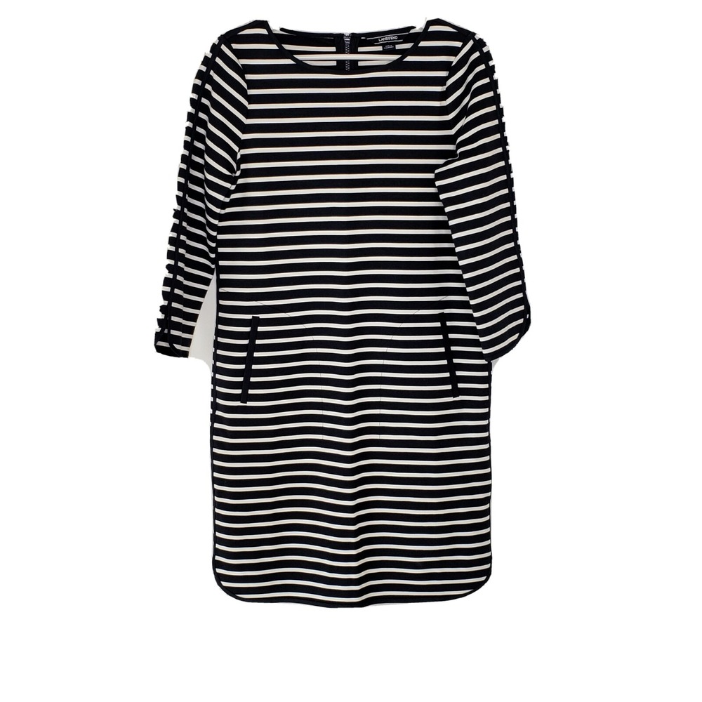 Lands' End Dress Sz 4 Navy White Stripe 3/4 Sleeve Boat Neck Shift Pockets